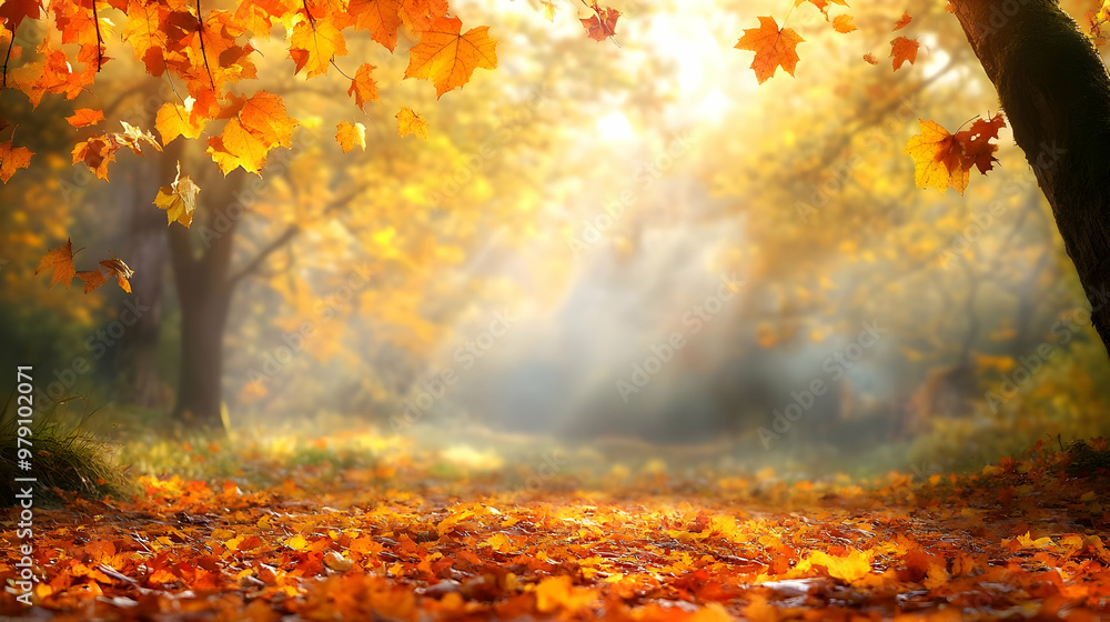 Golden Autumn Leaves Falling from Trees in a Forest with Sunlight Shining Through the Branches Golden Autumn Leaves Falling from Trees in a Forest with Sunlight Shining Through the Branches