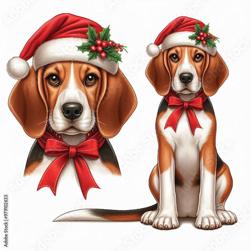 Cute Christmas Santa Hat Foxhound Dogs Vector Cartoon illustration white background