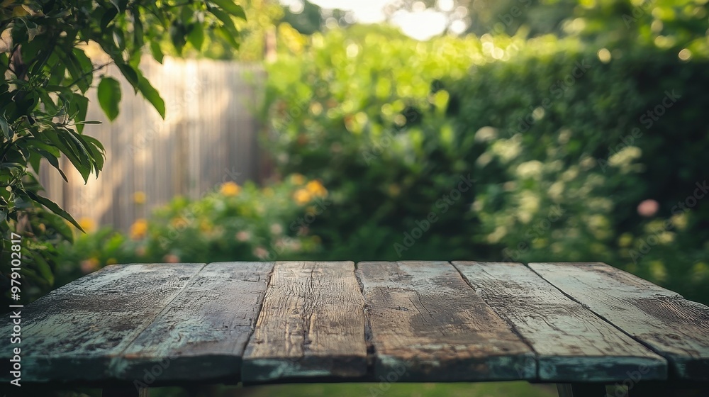 A rustic wooden table in a lush garden setting, perfect for outdoor gatherings. A rustic wooden table in a lush garden setting, perfect for outdoor gatherings.