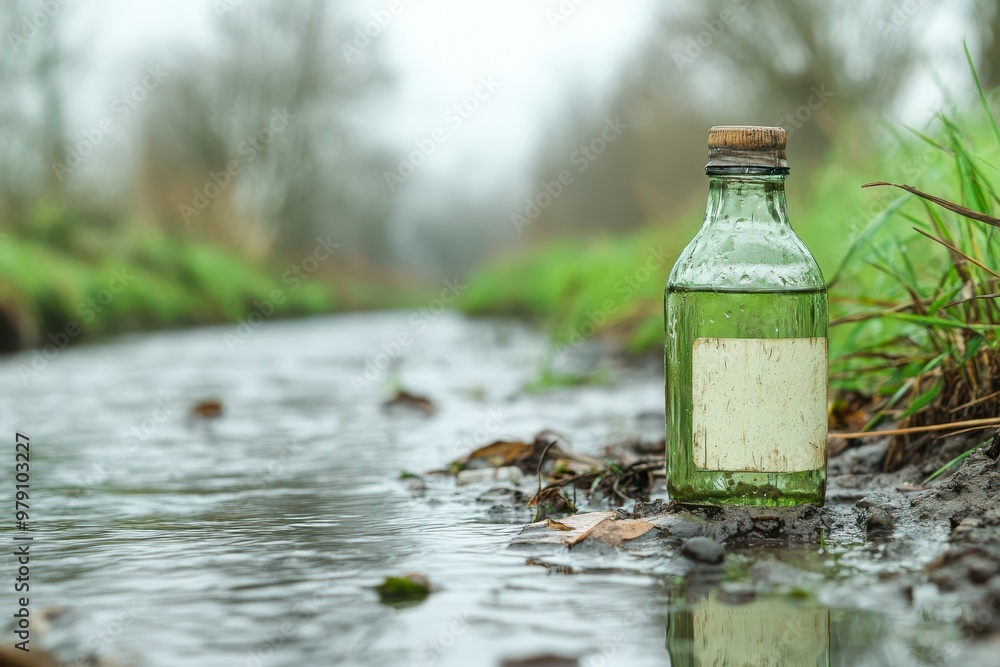 A serene scene featuring a green glass bottle near a tranquil stream surrounded by lush grass and trees. A serene scene featuring a green glass bottle near a tranquil stream surrounded by lush grass and trees.