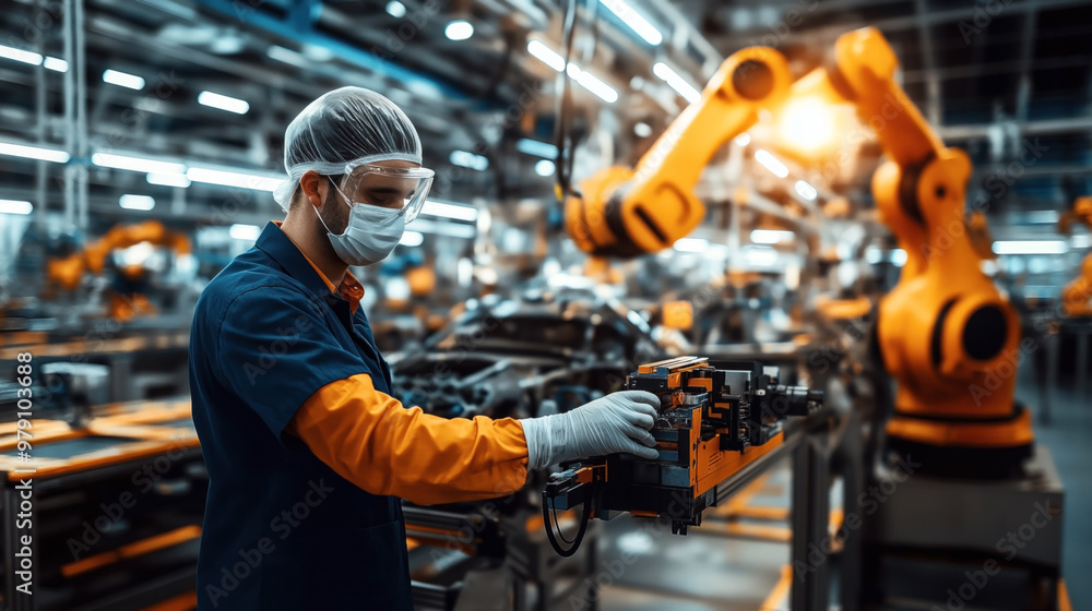 Engineer wearing protective gear operating machinery in a modern, automated factory with robotic arms. Engineer wearing protective gear operating machinery in a modern, automated factory with robotic arms.