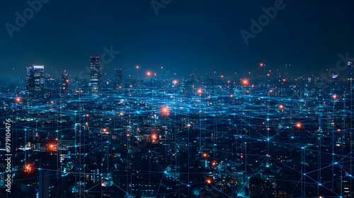 Wallpaper Mural A Nighttime Cityscape Illuminated by a Network of Digital Connections, Representing Modern Technology and Urban Development Torontodigital.ca