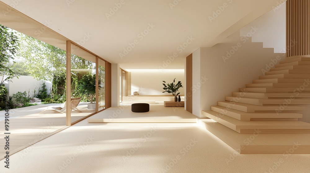 Modern Minimalist Home Interior Design with Wooden Stairs White Walls and Large Windows Modern Minimalist Home Interior Design with Wooden Stairs White Walls and Large Windows
