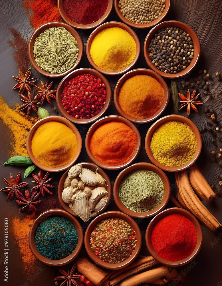 Vibrant Spice Assortment - top down view of a colorful assortment of traditional Indian spices such as turmeric, cumin, coriander, chili powder arranged in small bowls. Graphic art illustration Vibrant Spice Assortment - top down view of a colorful assortment of traditional Indian spices such as turmeric, cumin, coriander, chili powder arranged in small bowls. Graphic art illustration