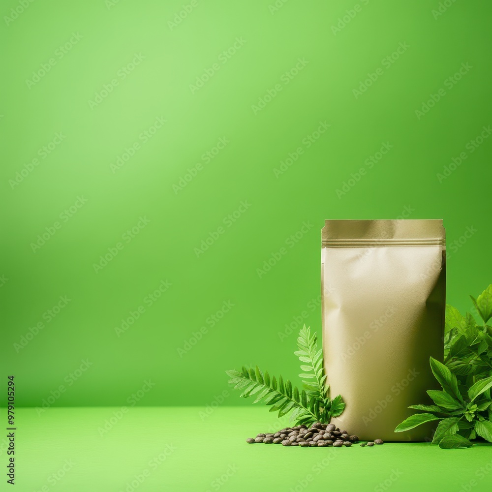 A sleek pouch with a golden zip, surrounded by natural greenery and coffee beans, set against a vibrant green backdrop. A sleek pouch with a golden zip, surrounded by natural greenery and coffee beans, set against a vibrant green backdrop.