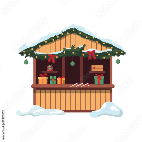 Christmas market stall with presents, winter holiday fair with wooden booth. Christmas market card. Isolated on white background