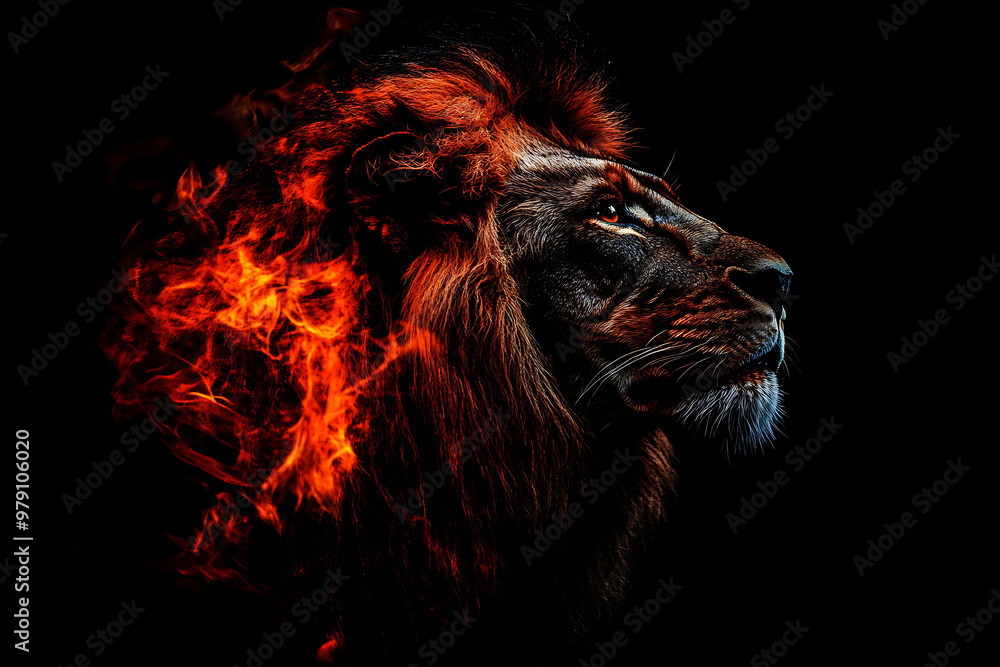 A dramatic lion's profile with fiery elements, symbolizing strength and power. A dramatic lion's profile with fiery elements, symbolizing strength and power.