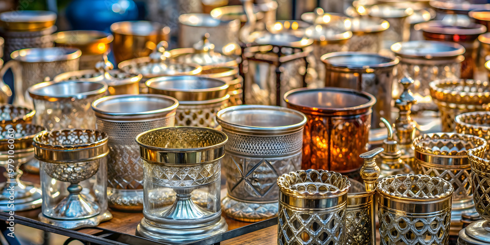 Variety of antique metal glass holders for sale at a flea market, flea market, antique, metal, glass holders, ornate Variety of antique metal glass holders for sale at a flea market, flea market, antique, metal, glass holders, ornate