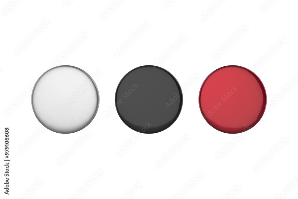 white, black and red button badge isolated on white, top view. Mockup for design. 3d illustration white, black and red button badge isolated on white, top view. Mockup for design. 3d illustration