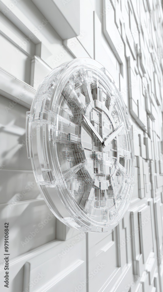 A transparent clock mounted on a textured white wall, showcasing modern design. A transparent clock mounted on a textured white wall, showcasing modern design.