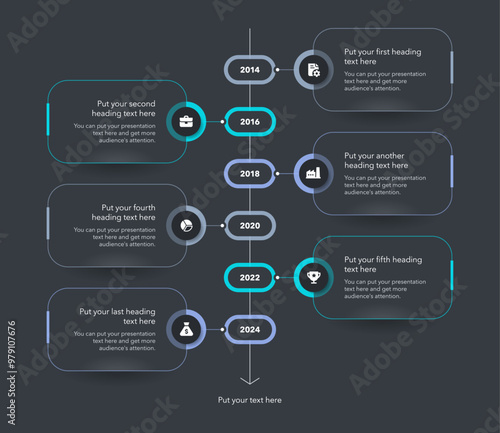 Vertical timeline infographic template with six steps - dark version. SImple chart design with icons and thin lines for workflow layout, banner or web design.