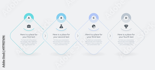 Horizontal four steps infographic process template. Modern diagram with rhombus shapes and minimalistic icons. Flat design can be used for your website or presentation.