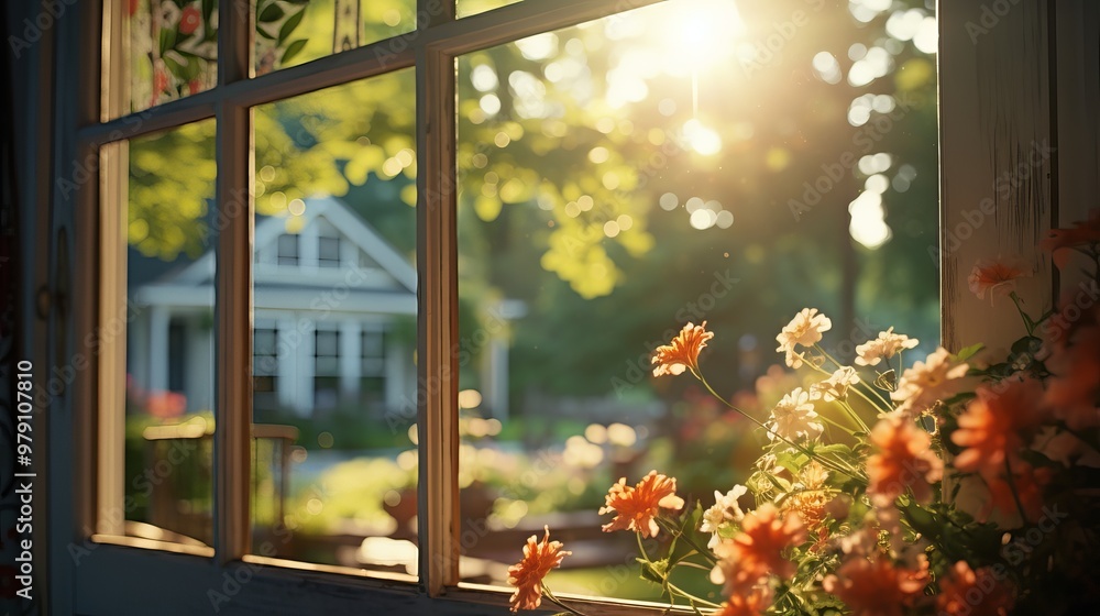 Naklejka premium Sunlight streams through a window illuminating flowers and a serene garden in late afternoon