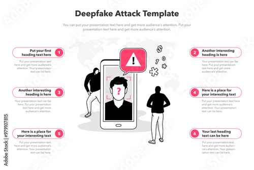 Simple infographic template for deepfake attack. 6 stages template with a smartphone and a manipulated fake video.