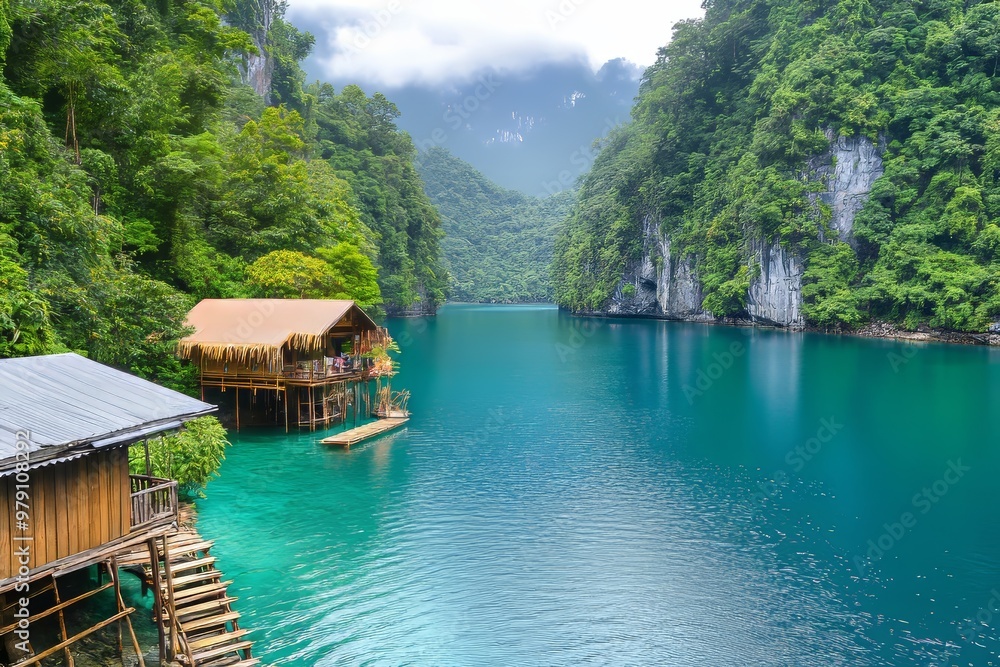 Serene Beauty of Thailand Wooden Huts on Turquoise Water Surrounded by Lush Green Cliffs Serene Beauty of Thailand Wooden Huts on Turquoise Water Surrounded by Lush Green Cliffs