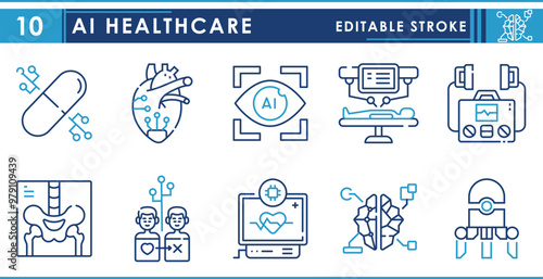 A set of line icons related to AI Healthcare. Artificial intelligence, health, technology, robotic, surgery, digital, transplant, and so on. Vector editable stroke.