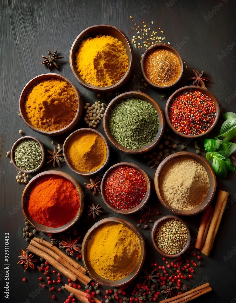 Colorful Indian Spice Display. A Top-Down View of Traditional Spices like Turmeric, Cumin, and Coriander Neatly Arranged in Bowls. Graphic art illustration Colorful Indian Spice Display. A Top-Down View of Traditional Spices like Turmeric, Cumin, and Coriander Neatly Arranged in Bowls. Graphic art illustration