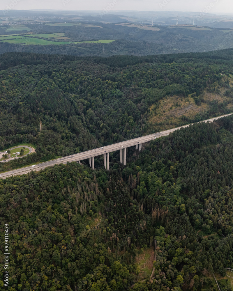 Aerial view of a beautiful highway and bridge surrounded by lush forest, Mehring, Rhineland-Palatinate, Germany. Aerial view of a beautiful highway and bridge surrounded by lush forest, Mehring, Rhineland-Palatinate, Germany.