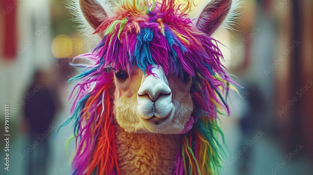 Colorful photo of an disconnected Alpaca with wild, chaotic, clever hair Colorful photo of an disconnected Alpaca with wild, chaotic, clever hair