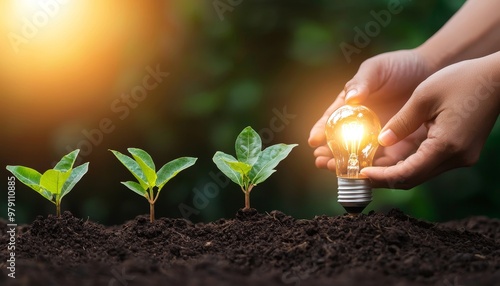 Person planting a glowing idea seed in a garden of growing lightbulbs, idea growth, nurturing creative business solutions