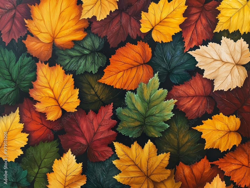 Produce an aerial view of a lush forest canopy during autumn, with vibrant foliage in various shades Employ an oil painting technique to bring out the rich colors and textures Produce an aerial view of a lush forest canopy during autumn, with vibrant foliage in various shades Employ an oil painting technique to bring out the rich colors and textures