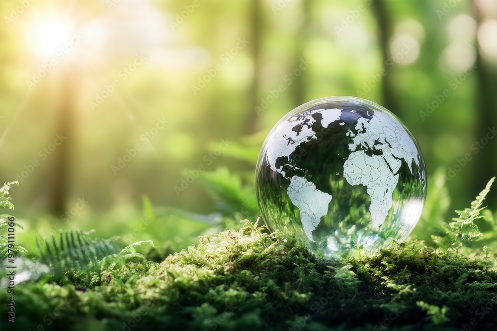 A glass globe on moss covered ground in a lush forest with sun shine on blur background A glass globe on moss covered ground in a lush forest with sun shine on blur background