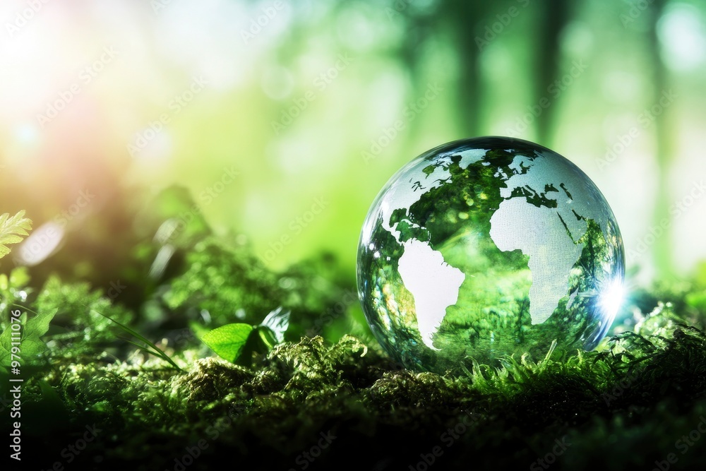 A glass globe on moss covered ground in a lush forest with sun shine on blur background A glass globe on moss covered ground in a lush forest with sun shine on blur background
