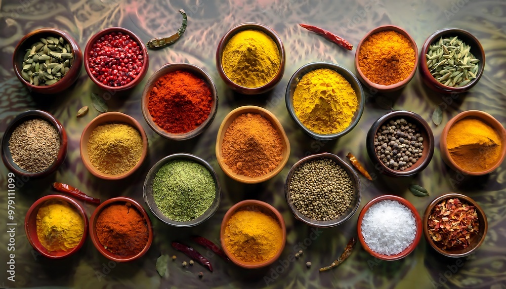 Assortment of Vibrant Indian Spices. Aerial View of Turmeric, Cumin, Coriander, and Chili Powder Arranged in Small Bowls for a Vibrant Display. Graphic art illustration Assortment of Vibrant Indian Spices. Aerial View of Turmeric, Cumin, Coriander, and Chili Powder Arranged in Small Bowls for a Vibrant Display. Graphic art illustration
