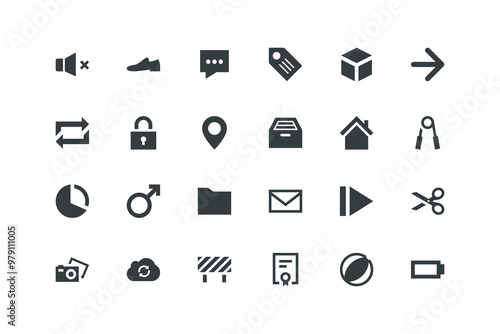 3D view, Arrow, Audio, Barrier, Battery, Beachball, Certificate, Check, vector illustration, icons set