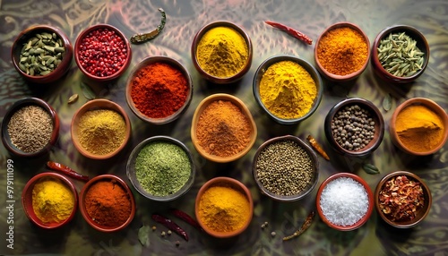 Assortment of Vibrant Indian Spices. Aerial View of Turmeric, Cumin, Coriander, and Chili Powder Arranged in Small Bowls for a Vibrant Display. Graphic art illustration