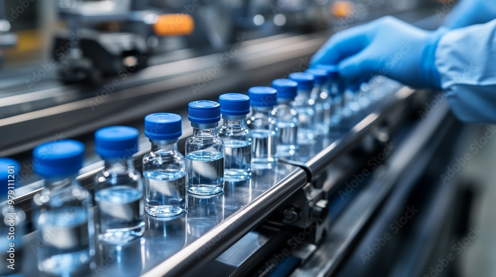 Pharmaceutical Production Line Scientist Monitoring Vials on Conveyor Belt in Factory Pharmaceutical Production Line Scientist Monitoring Vials on Conveyor Belt in Factory