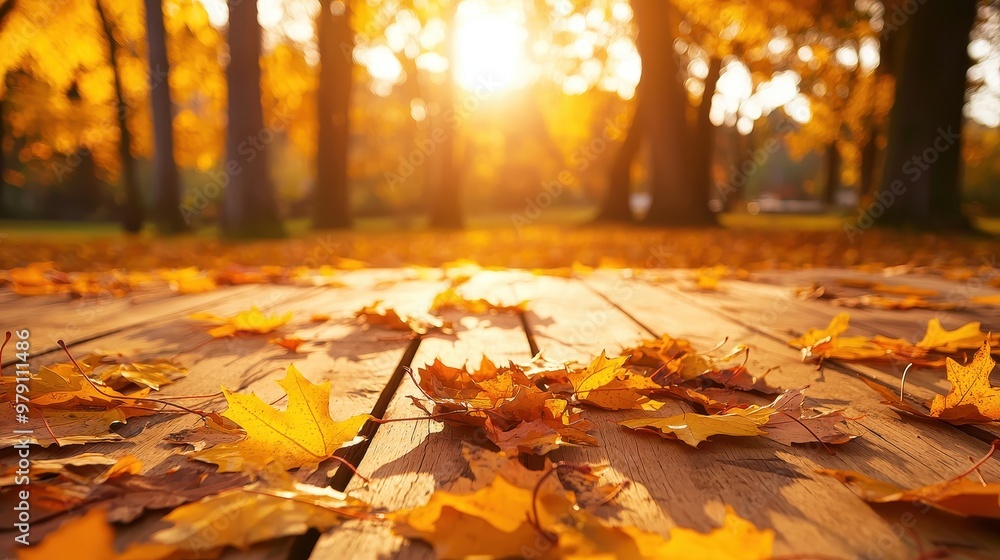 Golden Autumn Leaves on Wooden Path in Forest Golden Autumn Leaves on Wooden Path in Forest