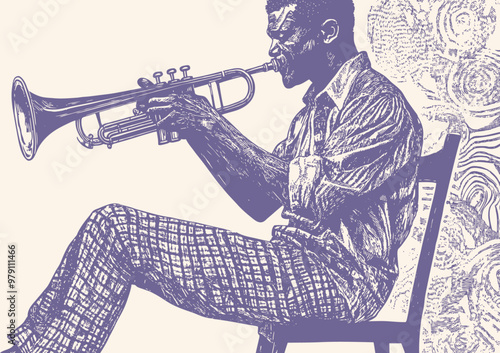A stylized vector illustration of a jazz musician playing a trumpet in an engraving style.