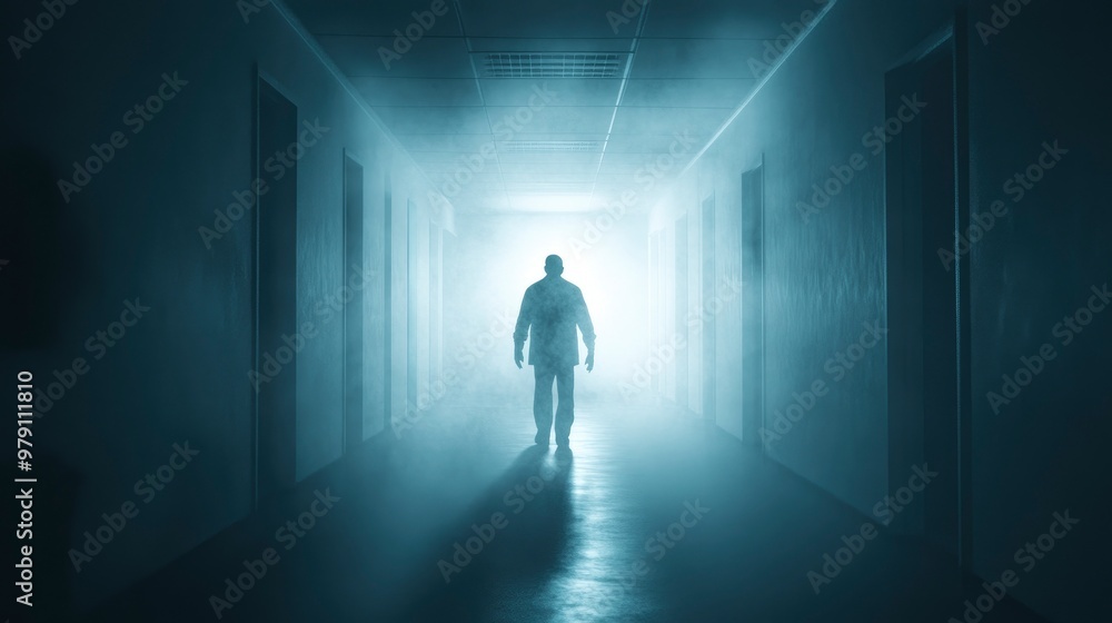 A man stands in the dark corridor of an old, abandoned hospital, with fog and light shining from behind him A man stands in the dark corridor of an old, abandoned hospital, with fog and light shining from behind him