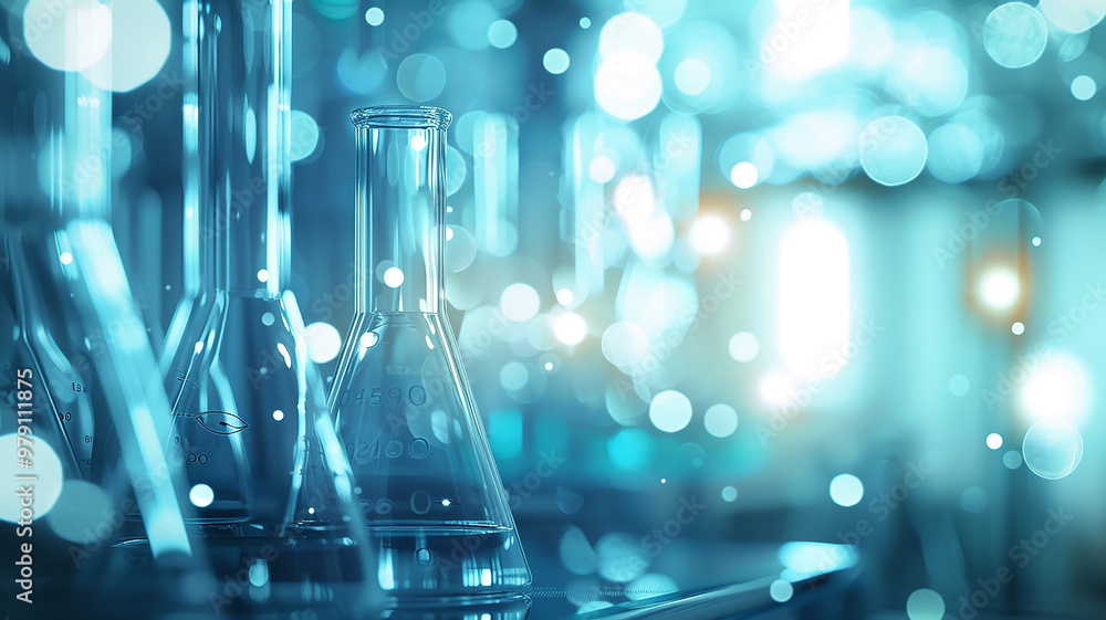 Blue chemistry abstract background, copy background space with ampoules for chemical scientific experiments Blue chemistry abstract background, copy background space with ampoules for chemical scientific experiments