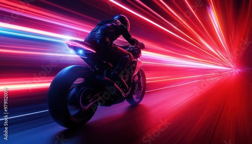 A vibrant motorcycle speeding through a neon-lit landscape, capturing the essence of speed and modernity in a dynamic scene.