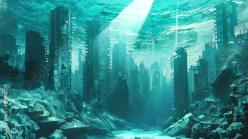 Ruins of modern city with skyscrapers sunk at bottom of sea, post apocalyptic underwater scene.