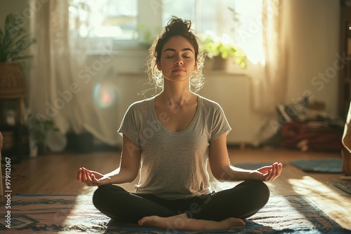 Beautiful Young Woman Meditating at Home for Relaxation, woman meditating at home with eyes closed doing pilates breathing exercise, meditation for no stress