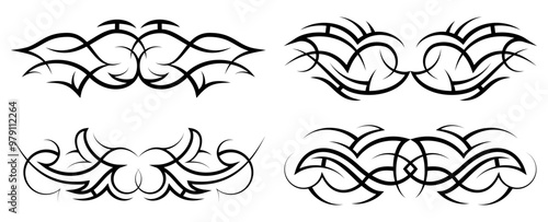 Neo abstract tribal tattoo set. Horizontal black shoulder tattoo. Cyber sigilism style hand drawn ornament. Celtic gothic body ornament shapes. Maori ethnic signs isolated on white backdrop. Sketch