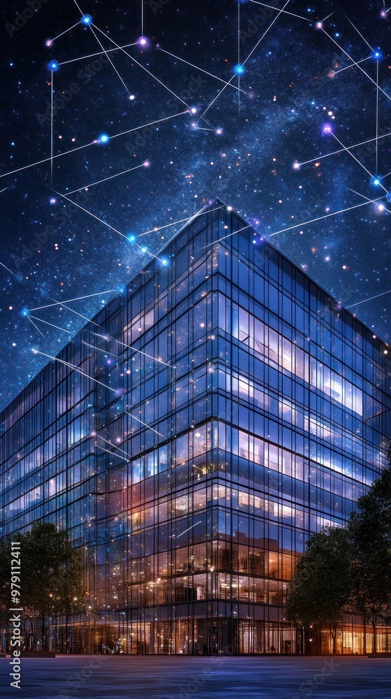 Fototapeta premium A modern building illuminated at night under a starry sky with constellations.