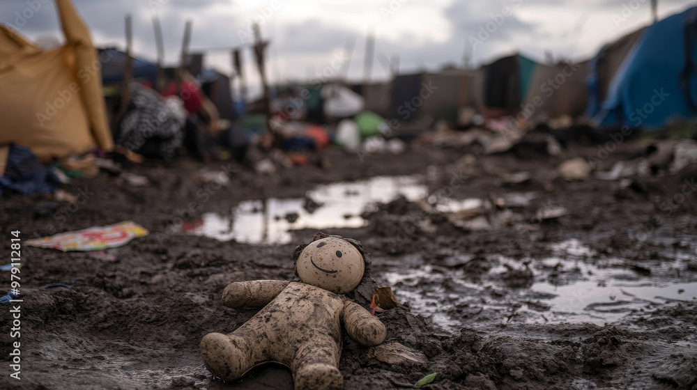 Obraz premium A dirty, abandoned stuffed toy lies in the mud amidst tents and scattered debris in a refugee camp, conveying loss and hardship. 