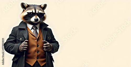 Raccoon in a fashionable jacket, tie. Wide banner with space for text on the right. Stylish animal poses like a supermodel