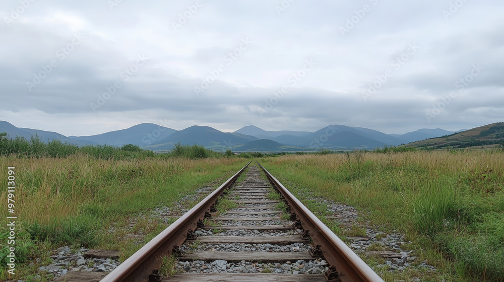  Straight railroad tracks cutting through green fields under a cloudy sky, leading towards distant mountains, creating a serene rural landscape.
