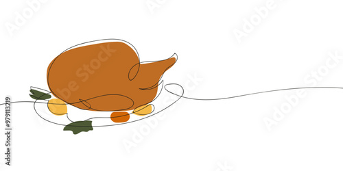 A single line drawing of a turkey. Continuous line thanksgiving turkey meat icon in color. One line icon. Vector illustration.