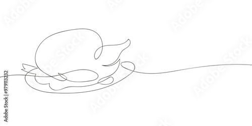 A single line drawing of a thanksgiving turkey. Continuous line turkey meat icon. One line icon. Vector illustration.