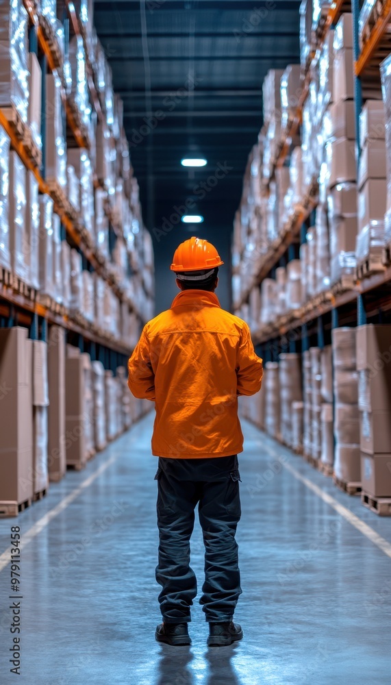 A warehouse worker inspects inventory in a storage facility, ensuring organization and safety in a bustling environment. A warehouse worker inspects inventory in a storage facility, ensuring organization and safety in a bustling environment.
