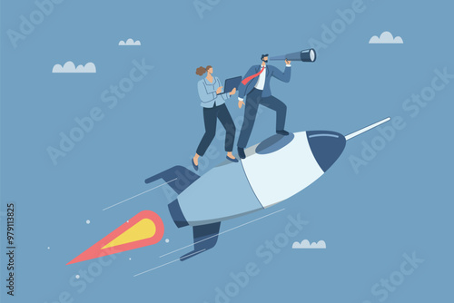 A team of businessmen riding rockets looking through binoculars, Business concepts for development and moving forward to success, Business team with a vision to achieve goals. Vector design.