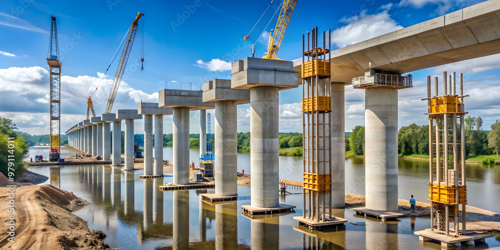 Concrete pillars being erected for a new bridge , construction, infrastructure, bridge, support, progress Concrete pillars being erected for a new bridge , construction, infrastructure, bridge, support, progress
