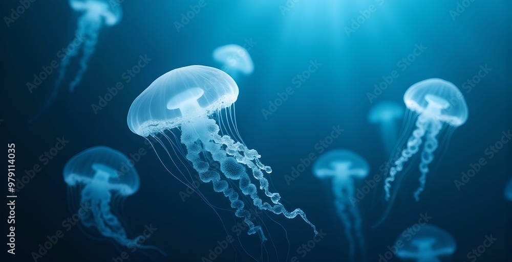 Jellyfish gracefully swims in the depths of the ocean. Captures the calm and mesmerizing movement of sea life, perfect for aquatic themed designs Jellyfish gracefully swims in the depths of the ocean. Captures the calm and mesmerizing movement of sea life, perfect for aquatic themed designs