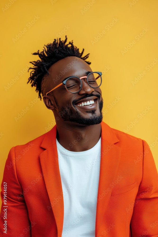Smiling man in an orange blazer and glasses against a yellow background exuding happiness and confidence. Smiling man in an orange blazer and glasses against a yellow background exuding happiness and confidence.